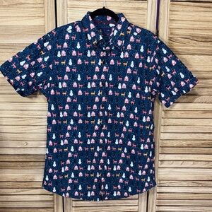 Rugby Men's Navy Blue Christmas Snowman Santa Reindeer Patterned Shirt Size L